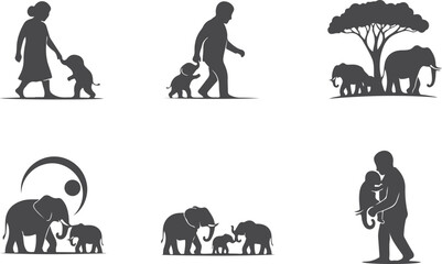 Obraz premium Elephant family walking and embracing parent child illustrations on transparent background.