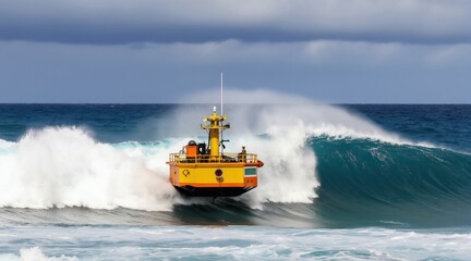Fototapeta premium Yellow orange buoy device rides big ocean wave. Marine energy converter floats in stormy sea. Futuristic tech captures wave power. Future of clean energy.