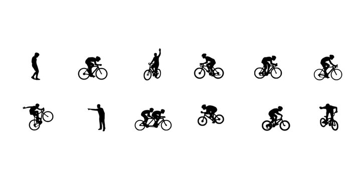 Bicycles Silhouette Set of Twelve Cyclists Riding on White Background in a Vector Sports Icon Style Featuring Bicycle, Cyclist, Cycling with Bikes