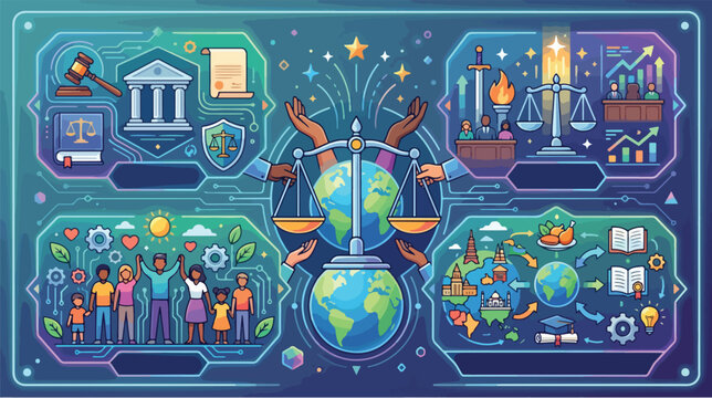 Vibrant illustration of International Justice Day with diverse people, scales, and earth globe in a colorful digital graphic with various icons and symbols