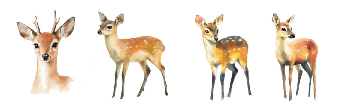 Design of a muntjac and deer painting. Hand-painted style, vectorized, vector set available in EPS Simple Hand-painted watercolor style. Hand-painted watercolor style, vectorized