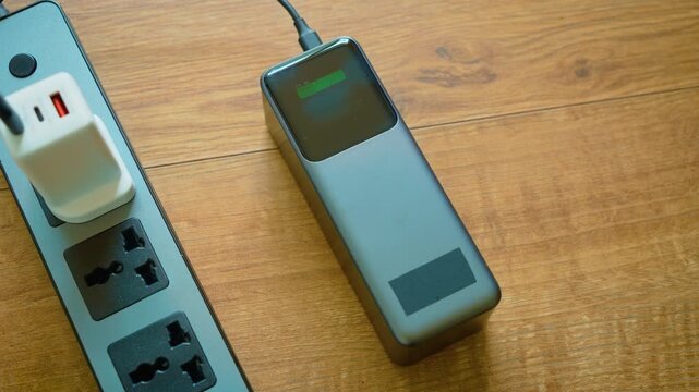 Power bank charging from wall outlet via cable external battery receiving energy from power strip. Display showing graphical battery level indicator during charging process. Recharging portable