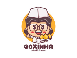Obraz premium Cheerful female chef with coxinha mascot