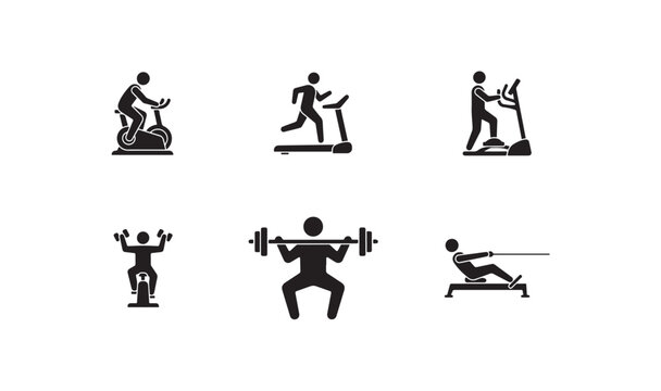 Exercise equipment icons showing people using stationary bike treadmill elliptical and rowing machine.