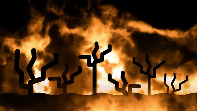 Silhouettes of dead trees and cacti engulfed in fire and glowing embers against a blazing orange burning desert sky