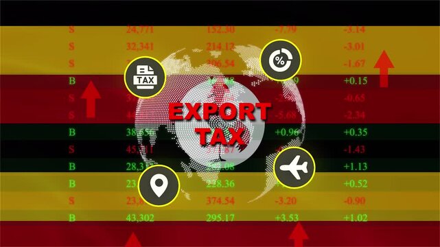 Export Tax Illustration: A graphic illustration visualizing the concept of export tax, featuring a globe superimposed on a flag, surrounded by icons representing trade and finance.