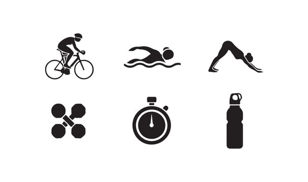 Sport activity icons black silhouette, various athletic pursuits and fitness related objects.