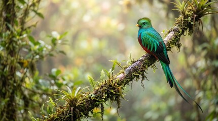 Fototapeta premium Resplendent Quetzal perched on mossy branch in lush rainforest