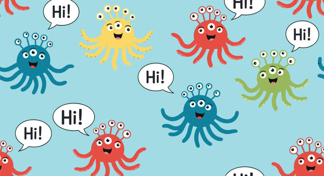 Colorful seamless pattern with cute multi-eyed monsters saying hi in speech bubbles on a blue background.
