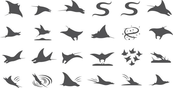 Collection of diverse marine life silhouettes including stingrays and manta rays gracefully swimming and flying in water with swirl patterns and abstract shapes.