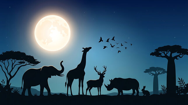 Silhouette of wild animals standing in african savanna under full moon night