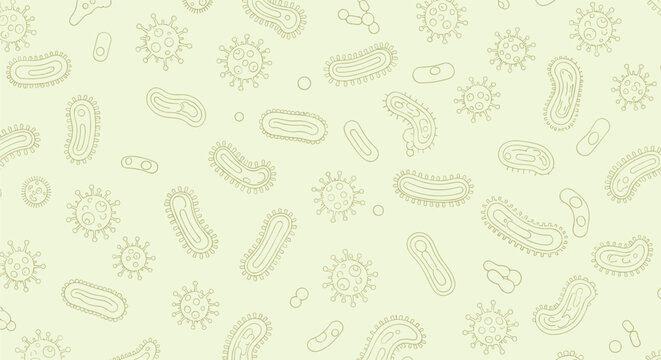 Microscopic bacteria viruses and germ illustrations form a pattern on a light green background for medical and science themes.