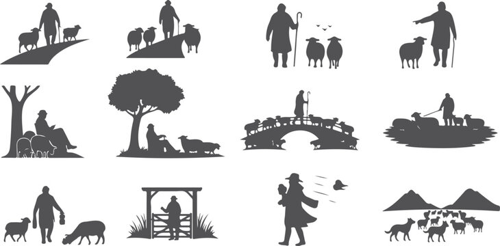 Shepherd guiding flock of sheep across varied landscapes including hills bridges and gates with faithful dogs assisting him.