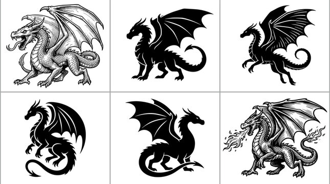 Fantasy dragon illustration set featuring six unique designs from simple silhouettes to detailed fire-breathing mythical artwork