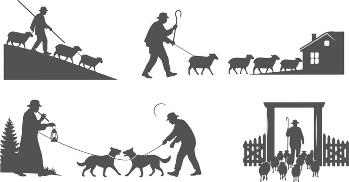 Shepherd with sheepdogs, guiding flock through countryside scenes and architectural elements like gates in silhouette.