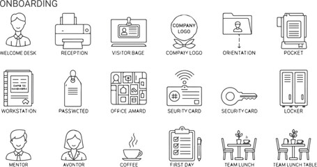 Fototapeta premium Office onboarding icon set, welcome desk, reception, visitor pass, company logo, orientation, pocket, workstation, handbook, security card.