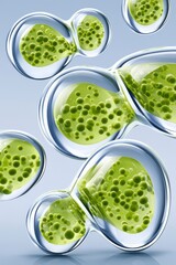 Obraz premium Transparent reflective spheres and green liquid bubbles evoking microscopic cells and biotech concepts