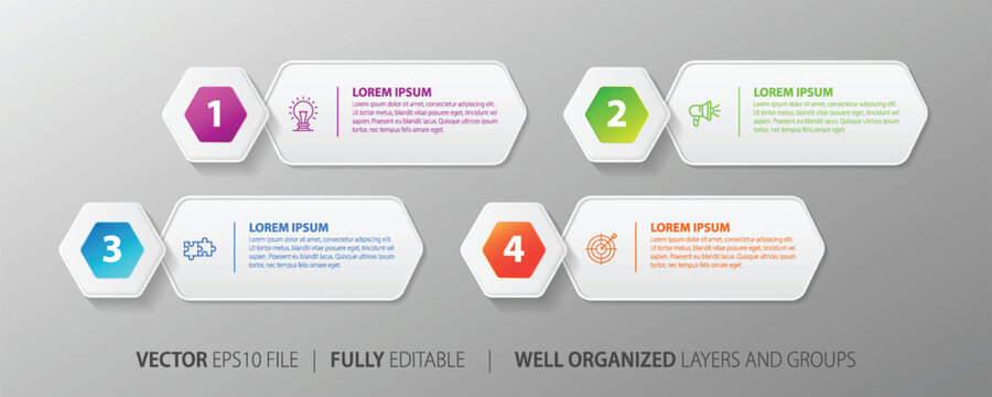 Numbered infographic elements with lorem ipsum text and icons in a flat vector style
