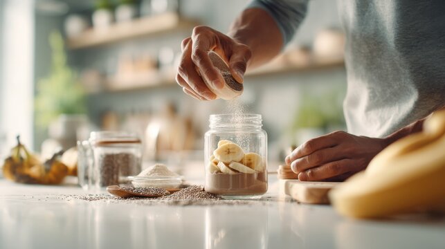 Preparing a healthy breakfast jar with bananas, chia seeds, and powder. A person is adding ingredients to a glass jar for a nutritious meal, showcasing healthy eating habits