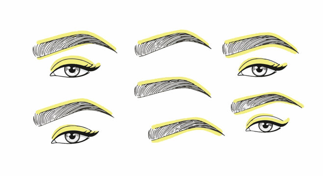 Vector illustration set showing various female eyebrow shapes and arch styles, including detailed eye sketches with yellow highlights on a clean white background for beauty guides.