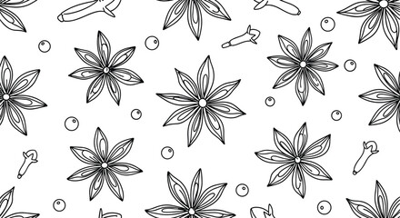 Fototapeta premium Close up seamless pattern of hand drawn star anise seeds and small peppercorns in black and white line art style.