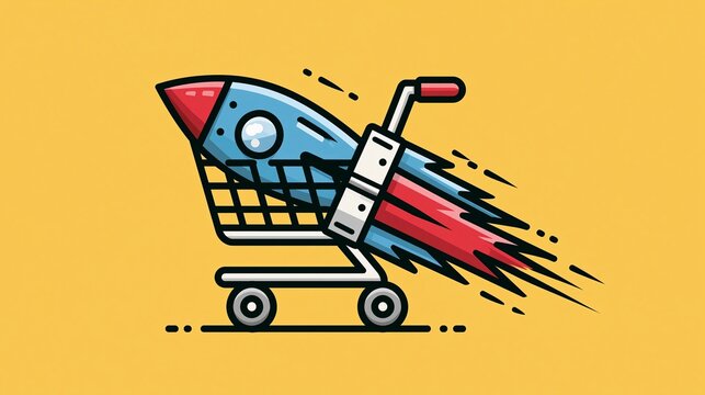 A fast shopping cart with a rocket booster flying across a solid yellow background in a vibrant flat design style