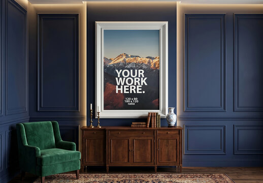 Vertical Poster Frame Mockup hanging in room with blue walls
