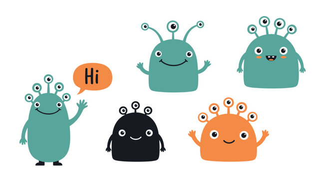 Set of five colorful and friendly cartoon monsters or aliens with various numbers of eyes and cheerful expressions.