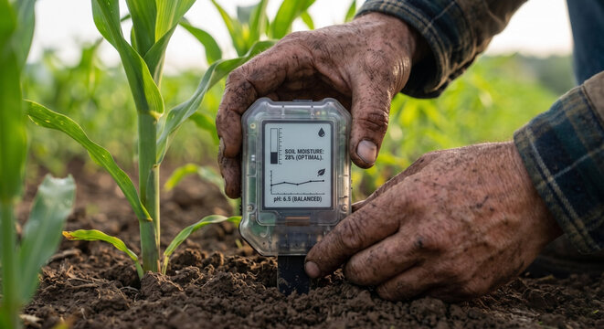 Close-up of farmer's work-worn, muddy hands inserting a digital soil moisture and pH sensor into the ground near a green corn sprout, agtech smart farming.