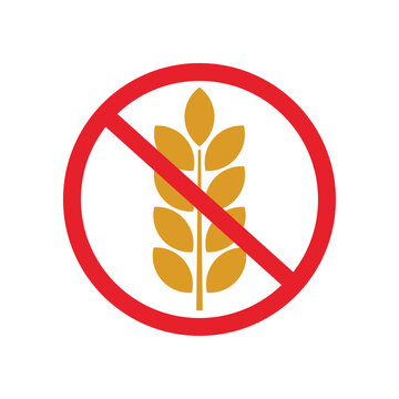 No wheat symbol with red circle and slash on white background allergy warning pictogram