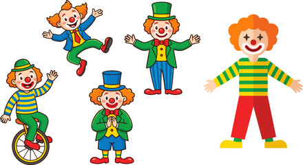 Naklejka premium Playful cartoon illustration of five cheerful clowns in colorful costumes performing circus acts with joyful expressions and dynamic poses