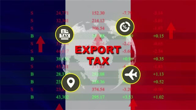 Export Tax Symbolism: Conceptual graphic illustrating the impact of export tax with superimposed icons representing travel, global trade, and logistics.