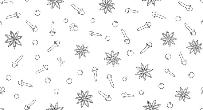 Seamless pattern of hand drawn star anise, cloves, and peppercorns for culinary, bakery, or aromatherapy packaging and designs.