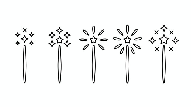 Five stylized flowers growing in a row with green stems and leaves