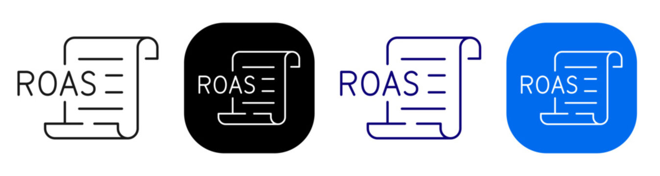 ROAS report scroll for advertising return measurement and campaign analysis. Line, filled, black, color set. Editable stroke