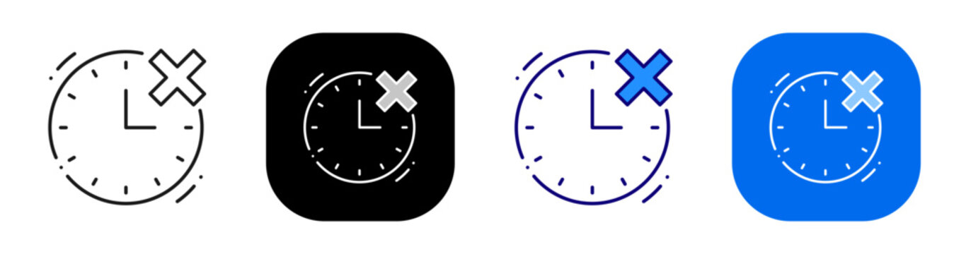 Clock with cross mark for missed deadline delay and rejected timing status. Line, filled, black, color set. Editable stroke
