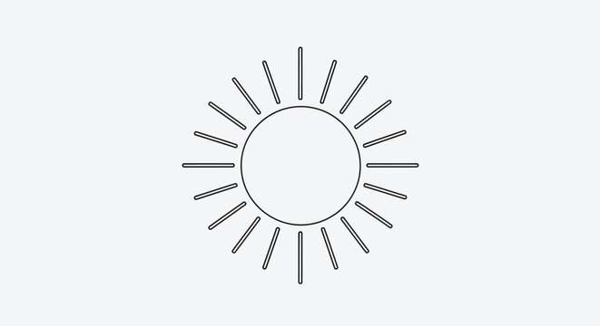 Grey sun icon with radiating rays on white background. Minimalist vector graphic representing light, warmth, weather, and energy.