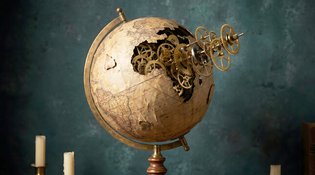 Vintage globe cracked open revealing clockwork gears