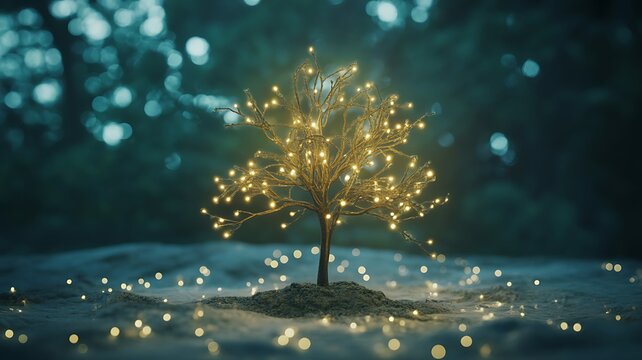 Glowing golden tree with sparkling lights in magical winter landscape