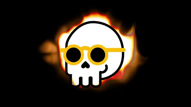 A skull with sunglasses surrounded by fire and golden flames representing danger cool attitude and bold edgy identity
