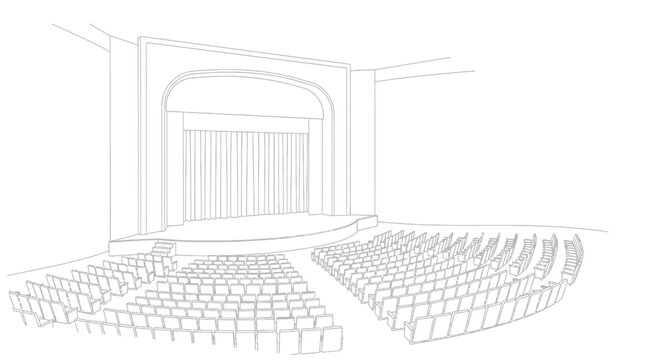 Empty classical theater stage and auditorium line art illustration. Architectural blueprint sketch of a performance hall.