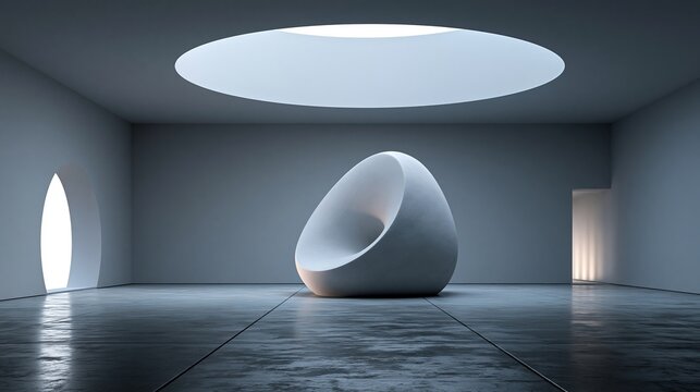 Minimalist white sculptural chair positioned in the center of a spacious modern gallery room with a dramatic round ceiling light