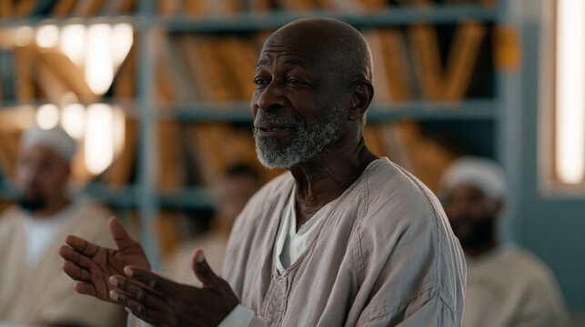 An older incarcerated man teaches a reading class to fellow inmates in a prison library, gesturing at a wall of donated books, the institutional setting transformed briefly into