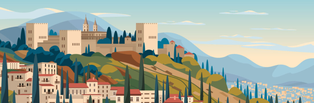 Alhambra palace Granada Spain travel landmark cityscape hills cypress trees scenic architecture mountains sunrise pastel colors landscape banner