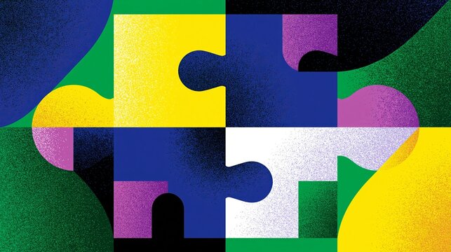 Abstract puzzle pieces with vibrant colors and grainy texture create a modern geometric design for artistic graphic projects and backgrounds