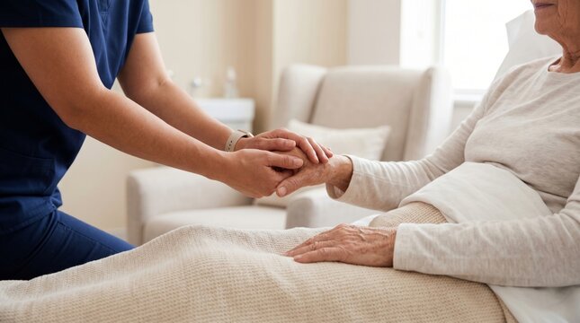 Nurse holding hand of senior woman lying in bed. Caregiver providing comfort and support to elderly patient at home. Professional healthcare assistance and empathy at nursing facility.