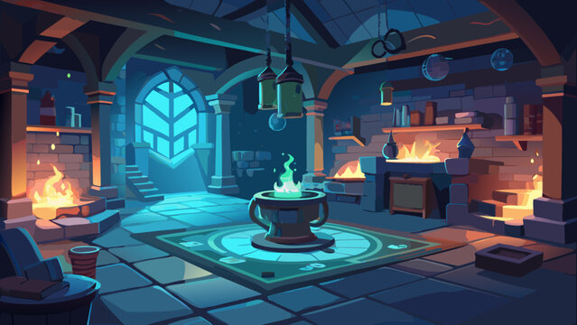 Interior view of a medieval magic alchemist laboratory with glowing green fire and stone archways alchemist laboratory medieval interior cauldron mystical mysterious structure atmospheric
