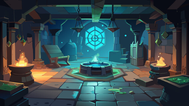 Dark medieval dungeon chamber with glowing magic portal and flaming braziers on stone floor medieval mystical lighting braziers atmosphere interior background detailed architecture enchanted