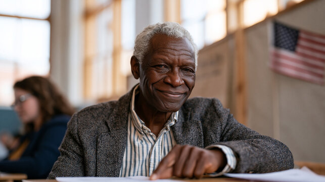 A naturalized American man in his seventies runs a finger slowly down a paper ballot for the first time, poll worker seated patiently nearby, autumn light filtering through the