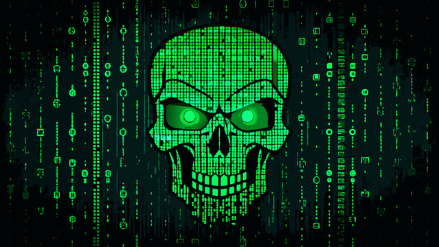 Glowing skull portrait made of green binary code matrix with technology security abstract internet computer protection software information electronic programming connection encryption